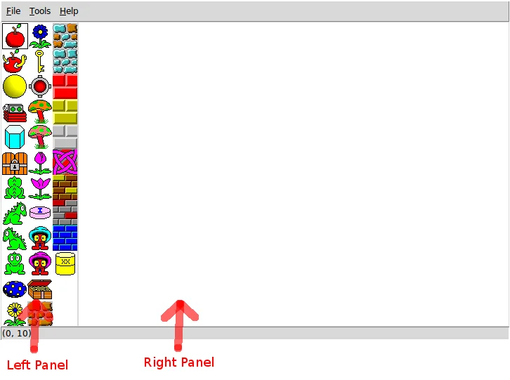 Offizielle Designer-Oberfläche: Objektpalette links und Levelbereich rechts.
