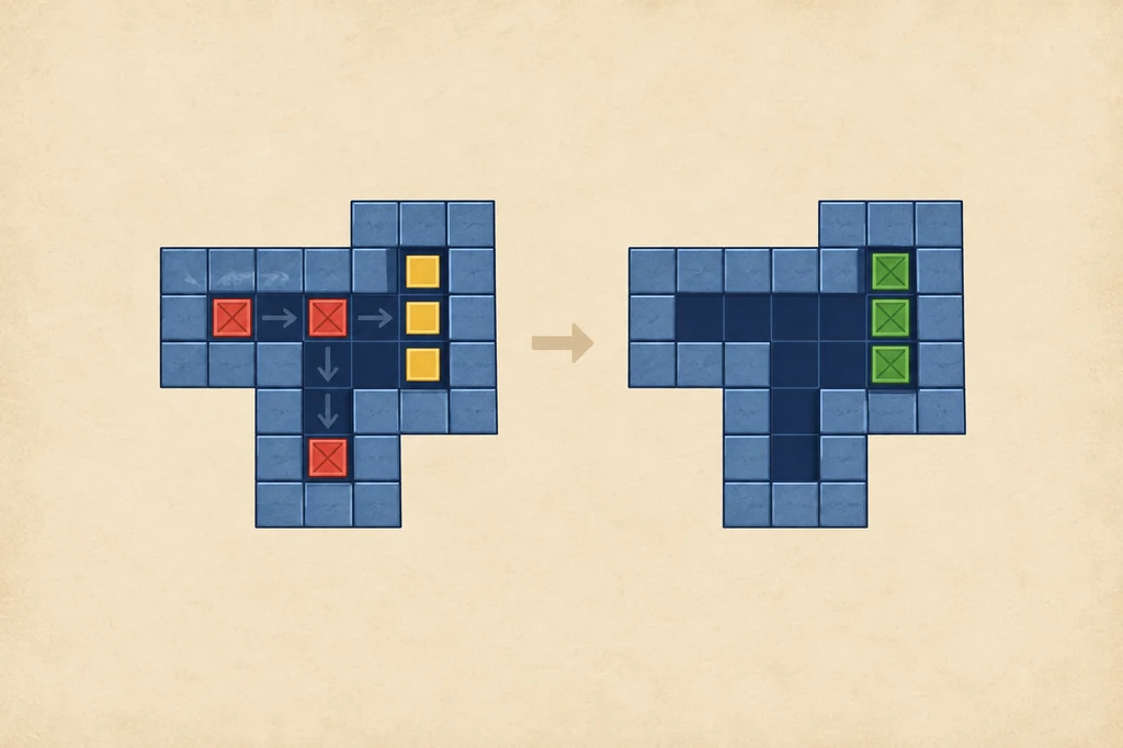 Sokoban box-order planning illustration showing crates moving through a corridor to goals
