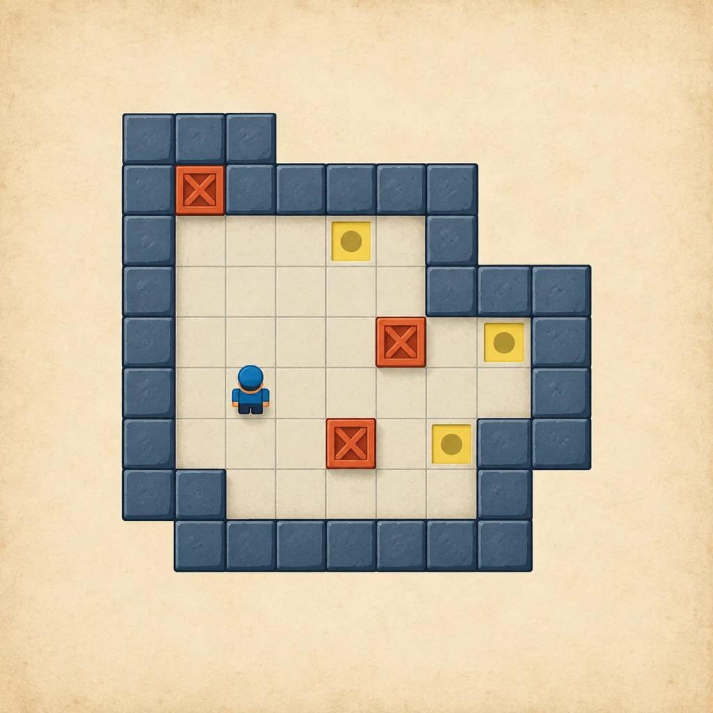 Editorial Sokoban strategy board with crates, goals, walls, and open workspace